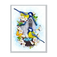 Дизайнарт 'две Птички, седящи в близост до гнездото с яйца и бели цветя' традиционна рамка платно стена арт