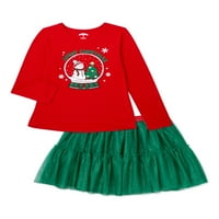 Празнично време Момичета Коледа Дълъг ръкав Графичен тениска и тюл пола комплект, 2-парче, размери 4-18