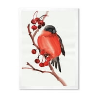 Дизайнарт 'Червеноклюна Птица, Седнала На Клон С Горски Плодове' Традиционен Арт Принт В Рамка