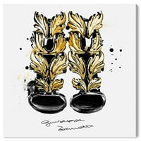 Уинууд студио Мода и глем съвременно платно изкуство - Черен висок ток със златни крила, стена изкуство за