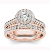 Карат Т. в. диамант 10кт Розово злато Двоен ореол годежен пръстен комплект