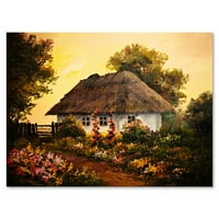 Дизайнарт 'Традиционна Къща По Залез Слънце В Есенни Цветя' Традиционно Платно Стенопис