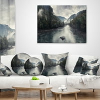 Планинска река дизайнарт с мъгла и дъжд - модерна възглавница за хвърляне на морски пейзаж - 16х16