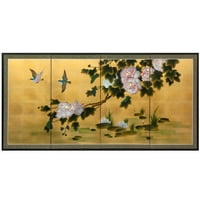 6 фута. Дълго Ръчно Рисувани Златни Китайски Коприна Стена Арт Екран-Пойни Птици