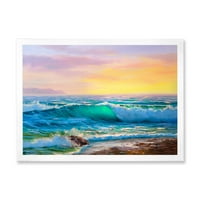 Дизайнарт 'сини вълни разбиващи се на плажа пейзаж Ив' морска и крайбрежна рамка Арт Принт