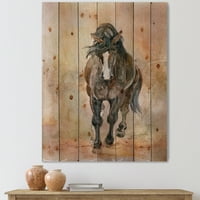 Дизайнарт 'Абстрактен портрет на красив кестен кон и' Щампа върху естествена борова дървесина